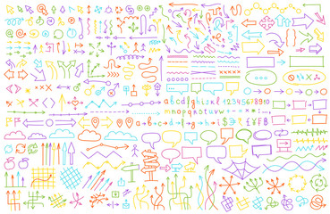 Arrows set. Hand draw multicolored background pattern. Communications presentation collection. Sketch vector line outline contour.