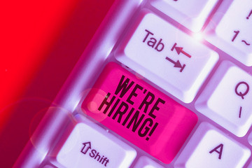 Word writing text We Re Hiring. Business photo showcasing recently employ someone or pay someone to...