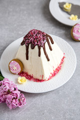 Easter food background. Traditional curd Easter cake with spring flowers crocus on the  light background. Easter cottage cheese dessert/