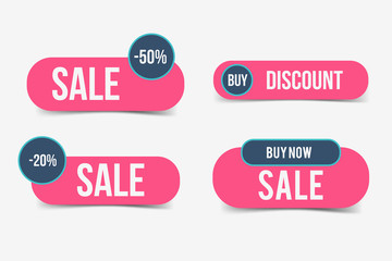 Sale tag set. Discount pink badge collection, buy now stickers, web elements. Vector button, eps10