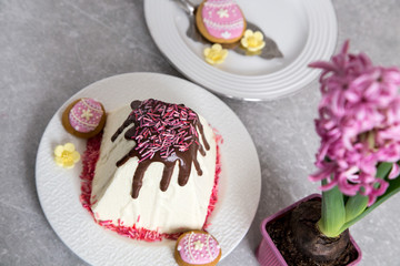 Easter food background. Traditional curd Easter cake with spring flowers crocus on the  light background. Easter cottage cheese dessert/