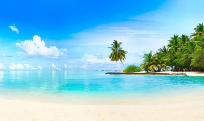 Poster Prachtig strand met wit zand, turquoise oceaan, groene palmbomen en blauwe lucht met wolken op zonnige dag. Zomer tropisch landschap, panoramisch uitzicht. © Laura Pashkevich