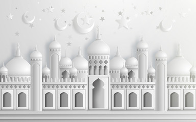 Arabic calligraphy design for Ramadan Kareem, white mosque element. Vector illustration