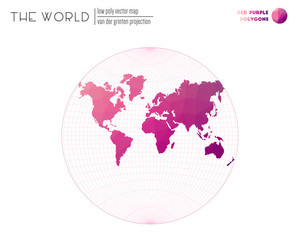 Polygonal world map. Van der Grinten projection of the world. Red Purple colored polygons. Modern vector illustration.
