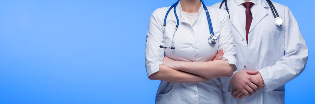 Medical Staff Doctor, Nurse And Surgeon With Stethoscope And Tie In Blue Background