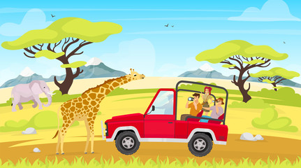 African expedition flat vector illustration. Journey to savannah. Tourist group in car observe giraffes. Woman and man in truck. Elephant in green field. Animals and people cartoon characters