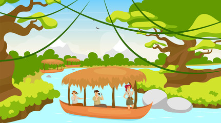 Tourist in boat flat vector illustration. Group on journey in ship. Sailing on river stream. Rainforest landscape. Mediterranean forest with watercourse. Female and male cartoon characters