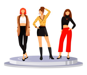 Obraz premium Fashion runway girls flat color vector illustration. Models demonstrate new trends, clothes and accessories. New collection catwalk females isolated cartoon character on white background