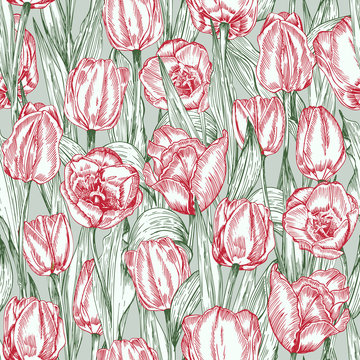 Greeting seamless with Spring flower tulips bouquet in red and green colors on blue background. Engraving drawing Vintage style