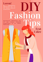 DIY fashion tips magazine cover template. Trendy outfits ideas. Journal mockup design. Vector page layout with flat character. Style guide advertising cartoon illustration with text space