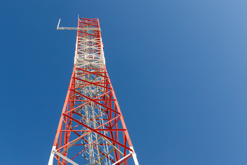 Antenna of Communication Building, radio tower, bottom view, Red metal column