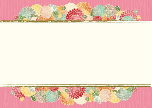 和柄の背景素材　レトロ　アンティーク　ピンク　和風　着物風　手書きの花柄　結婚式のフレーム素材