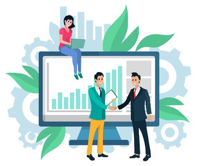 People business partners on meeting vector, man and woman working with information on laptop. Digital analysis of statistics and given data handshake