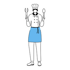 Hotel chef flat vector illustration. Restaurant worker in uniform holding cooking utensils. Catering service, culinary. Kitchen staff in apron cartoon character with outline on white