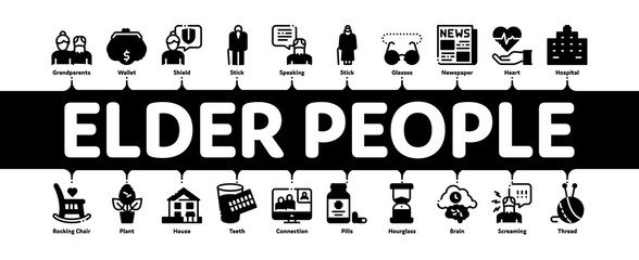 Elder People Pensioner Minimal Infographic Web Banner Vector. Medicine Pills For Elder People, Glasses, Hospital, Newspaper And Plant Concept Illustrations