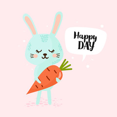 Lovely card in bright colors. Funny bunny with carrot. Perfect for invitations and greeting cards