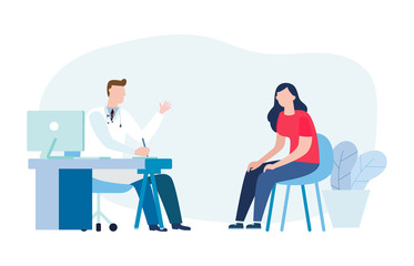 Medicine concept with a doctor and patient in hospital medical office. Consultation and diagnosis. Vector illustration flat style