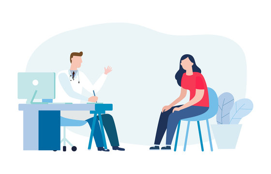Medicine concept with a doctor and patient in hospital medical office. Consultation and diagnosis. Vector illustration flat style