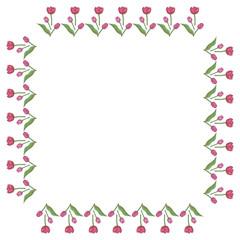 Obraz premium Square frame with vertical lovely pink tulips on white background. Isolated frame of flowers for your design.