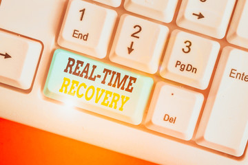 Writing note showing Real Time Recovery. Business concept for maximum time period in which recent...