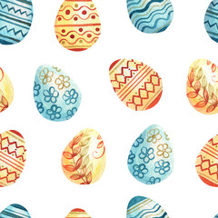Watercolor seamless pattern with eggs. Easter design, Blue and orange elements. Best for greeting cards, posters, fabric, ceramic, textile, scrapbooking