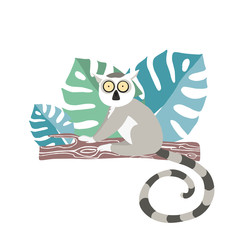 Cute lemur drawn in cartoon style by hand sitting on a tree branch in the jungle. Print for t-shirts, children's textiles, poster design. Flat vector illustration.