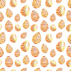 Watercolor seamless pattern with eggs. Easter design,  orange elements. Best for greeting cards, posters, fabric, ceramic, textile, scrapbooking