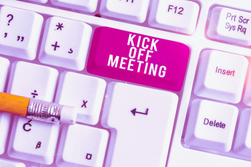 Handwriting text writing Kick Off Meeting. Conceptual photo getting fired from your team private talking about company White pc keyboard with empty note paper above white background key copy space