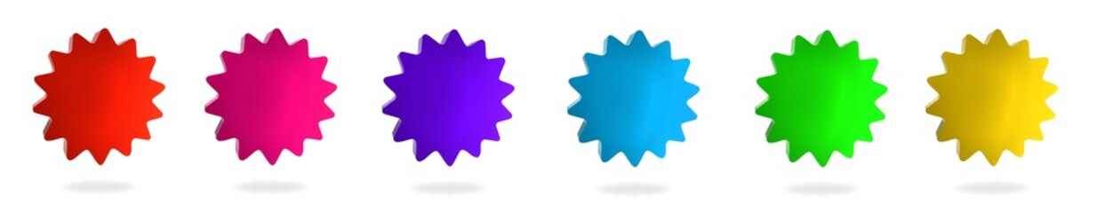 Set of 3D starburst, sunburst badges. Colorful 3D icons on white background. 