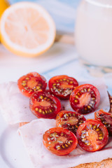 Healthy lunch based on toast with turkey ham.