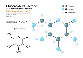 Gluconic acid delta-lactone. PHA Polyhydroxy acid. Structural chemical formula and molecule 3d model. Atoms with color coding. Vector illustration
