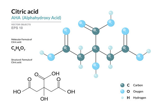 Citric acid. AHA Alphahydroxy acid. Structural chemical formula and molecule 3d model. Atoms with color coding. Vector illustration