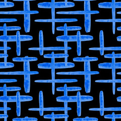 Creative seamless pattern with abstract stripes. Blue watercolor elements on a black background. Print for fabric, packaging, textile, paper, design.