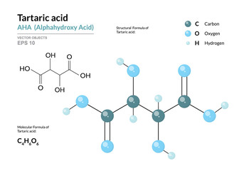 Tartaric acid. AHA Alphahydroxy acid. Structural chemical formula and molecule 3d model. Atoms with color coding. Vector illustration