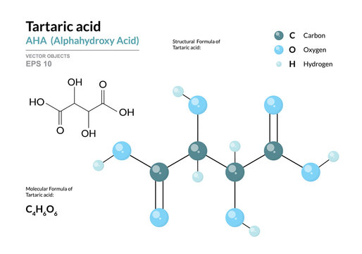 Tartaric acid. AHA Alphahydroxy acid. Structural chemical formula and molecule 3d model. Atoms with color coding. Vector illustration