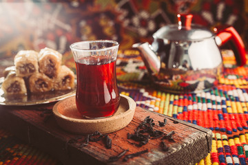 turkish tea served on wooden board