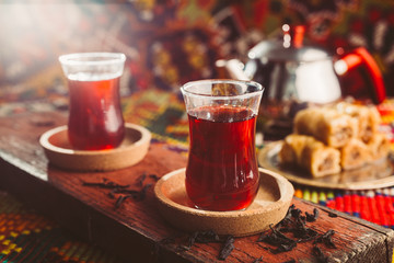 turkish tea served on wooden board
