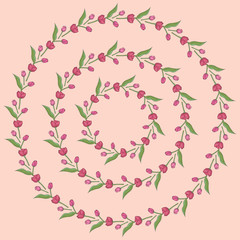 Background with round frames of pink tulips on light pink background.