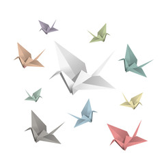 Illustration of origami crane, traditional symbol in japan, colorful icons of paper folded birds on white background
