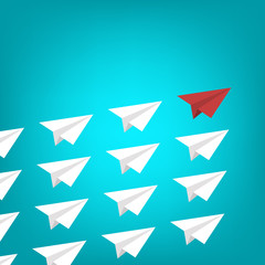 Red Paper Airplane Leading White Paper Airplanes. Leadership Concept With Paper Planes.	
