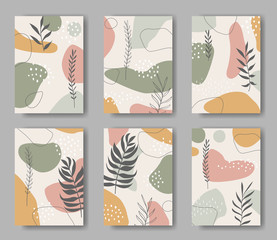 Set of six vector cards with abstract forms and leaves ornament	
