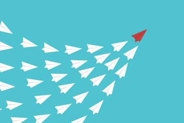 Red Paper Airplane Leading White Paper Airplanes. Leadership Concept With Paper Planes.	