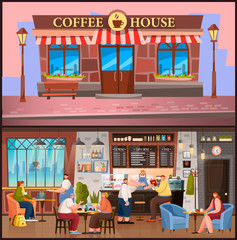 Pictures of coffeehouse exterior and interior. Brick building with logo and room with furniture. Barista serves customers. People eat cakes, drink coffee and meet with friends, vector illustration