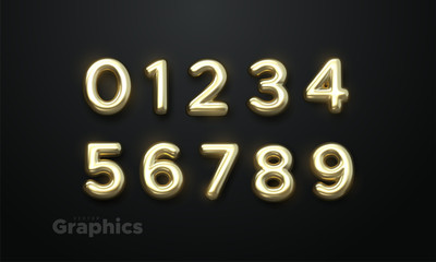 Golden numbers set. Vector 3d illustration. Realistic shiny characters. Isolated digits. Decoration for banner, cover, birthday or anniversary party invitation design. Suitable for dark backdrops