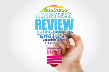 Review light bulb word cloud collage, business concept background