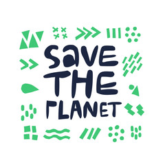 Save planet hand drawn simple vector lettering. Sustainable and green lifestyle. Typography with dots and lines doodle symbols. Earth Day, environment and ecology protect concept illustration