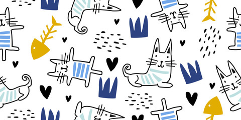Cats seamless vector pattern with hearts. Cute hand drawn kitten faces. Scandinavian drawing cartoon style with doodle texture. Vector illustration for baby, kids, and children fashion textile print.