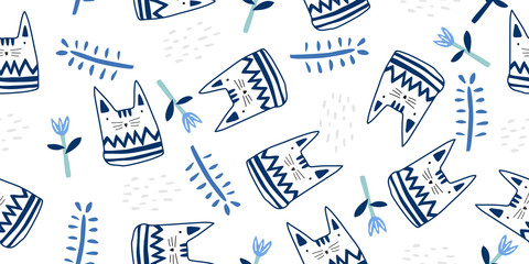 Seamless cat pattern. Cute kitty illustration for nursery design. Vector illustration adorable drawing scandinavian doodle style. Good for birthday, baby shower design and party decor, and print.