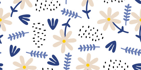 Hand drawn floral seamless pattern. Scandinavian ink doodle on white background. Childish drawing style botanical elements for fashion textile print.