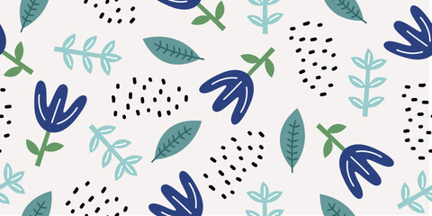 Handgezeichnetes nahtloses Blumenmuster. Skandinavisches Tintengekritzel auf weißem Hintergrund. Botanische Elemente im kindlichen Zeichenstil für Modetextildruck.